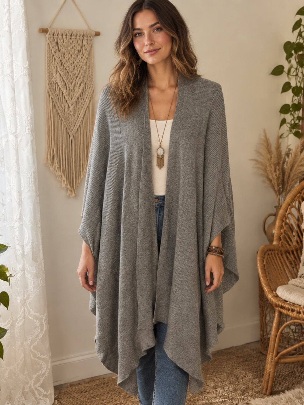 J.Jill One Size Gray Knit Wrap Poncho Open Front Cape Cotton Blend